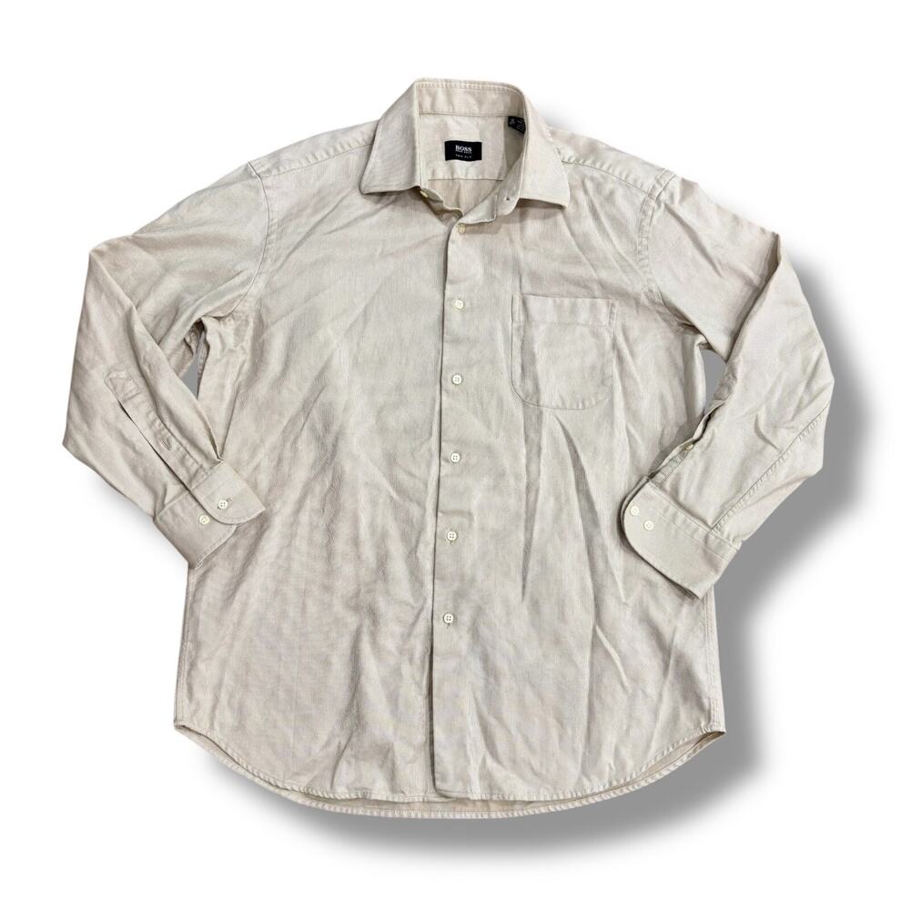 Hugo Boss Men's Size 16 32/33 Beige 2-Ply 100% Cotton Button Up Shirt